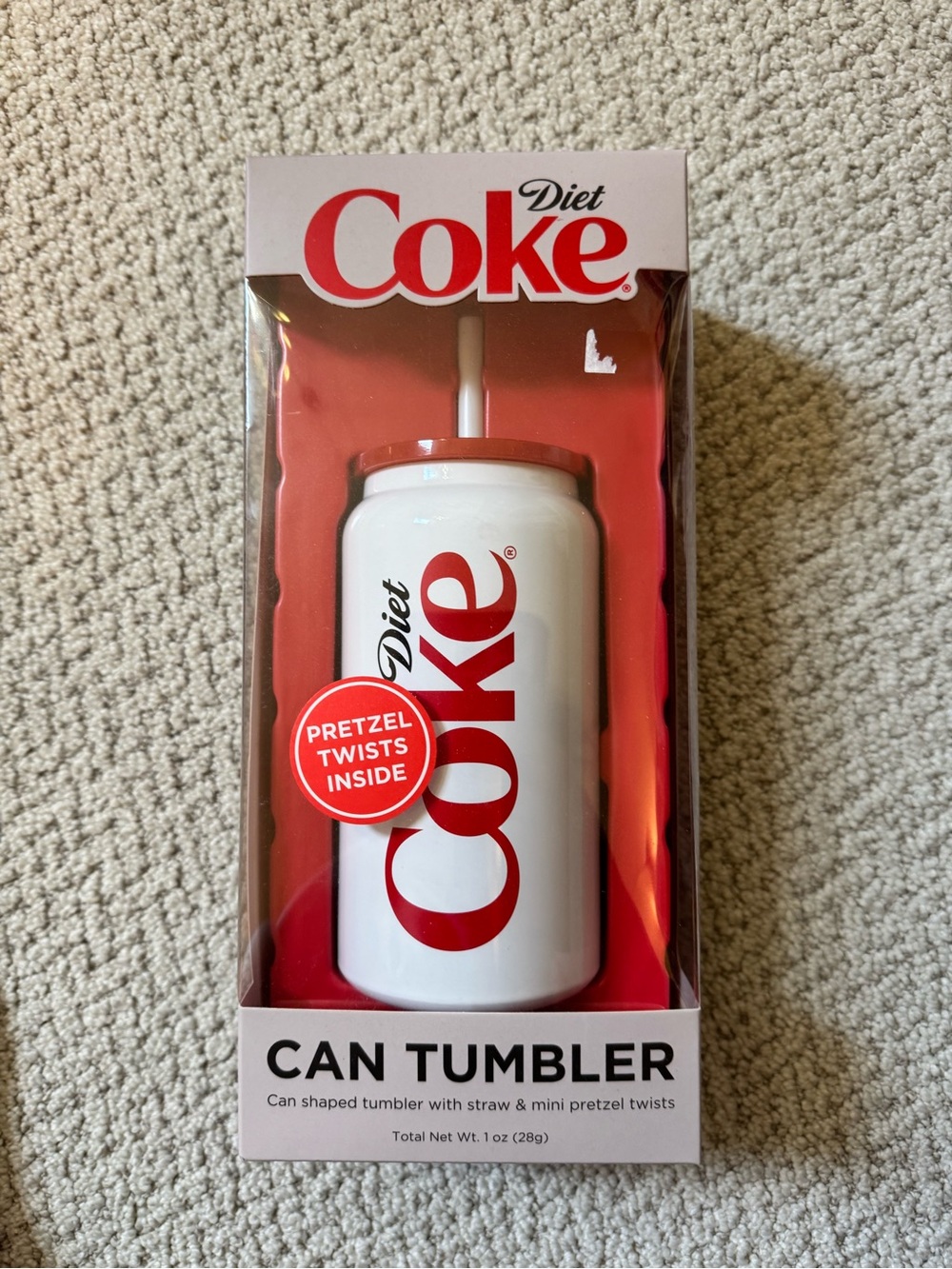 Coke Branded Can Tumbler with Straw and Pretzel Twists - White and Red